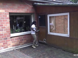 Outdoor German MILF Cougar Tina Seduce Huge Black Boy Fuck in Garden